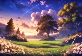 A beautiful sunset scene with vibrant starry sky, large trees, blooming flowers, and lush green grass under a partly cloudy twilight sky.