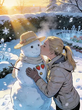 A comic book style illustration of a blonde woman kissing a charming snowwoman wearing a straw hat and scarf, set in a snowy winter garden with sparkling ice crystals and sunrise light.