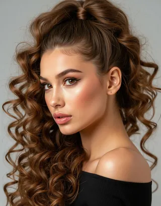 Close-up portrait of a young woman with rich curly brown hair tied back, detailed facial features, light makeup, and an off-shoulder black top against a neutral background.