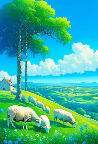 Bright pastoral landscape featuring sheep grazing in lush clover fields under a blue sky with fluffy clouds, tall trees, a small house, and a distant medieval village.