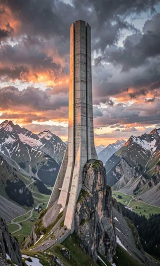 A tall, slender concrete tower with a vertically fragmented design stands perched on a steep rock cliff in the mountains, under a dramatic, colorful cloudy sky.