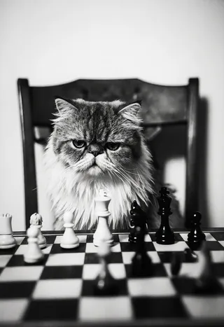 Black and white photograph of a Persian cat seated on a high-backed wooden chair with an intense expression, positioned behind a slightly out-of-focus chessboard with chess pieces.