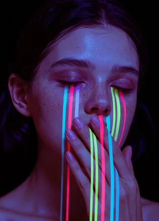 Close-up of a freckled person with eyes closed and vibrant neon-colored streaks flowing from their eyes down their face and hand against a dark background.