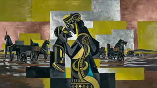 Dark-toned Cubist painting showing two black and gold stylized figures in a spiritual embrace, with a distant apocalyptic caravan of animals and people crossing glistening mudflats, set against geometric, chartreuse, rose, and silver rectilinear shapes.