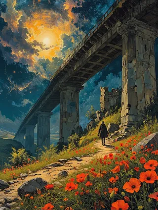 A renaissance oil painting showing a winding path lined with red poppies leading to broken roman columns under a starry night sky, illuminated by glowing moonlight and a glowing galaxy nebula.