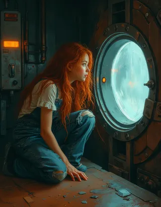 A teen girl with long red hair and blue eyes wears worn-out overalls and crouches in an industrial sci-fi spaceship, peering through an illuminated circular hatch.