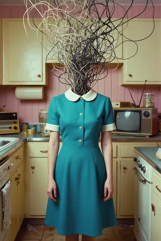 A surreal female figure in a teal vintage dress with white collar stands in a cluttered 1960s kitchen, her head replaced by a chaotic tangle of beige and black wires reaching upward.