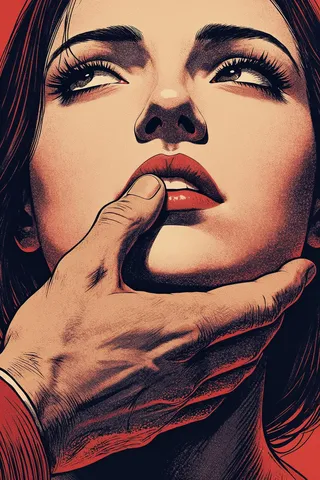 Close-up illustration of a woman’s face in Italian pulp fiction style featuring a man’s hand gently holding her jaw and lip, with deep shadows and red highlights.