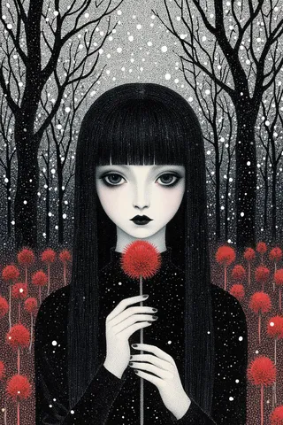 A frontal view of a pale-skinned girl with long black hair and blunt bangs holding a vibrant red pom-pom flower, set against a dark forest background with stippled white orbs in a pointillist style.