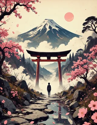 A serene Japanese landscape featuring Mount Fuji in the background, a lone person walking towards a red Torii gate surrounded by blooming cherry blossom trees and scattered sakura petals.