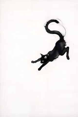 Minimalist black ink illustration of a black cat leaping in mid-air with a flowing tail and stretched paws, against a white background.