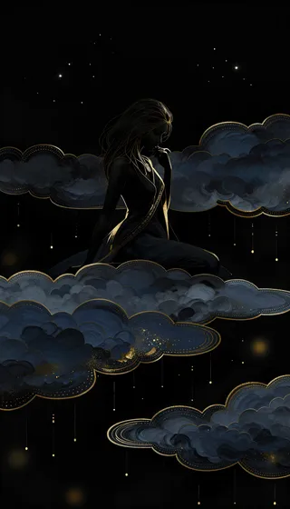 Silhouetted contemplative woman partially veiled by layered deep navy clouds outlined in metallic gold, set against a black starry background with fine golden rain droplets.