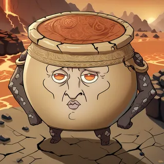 A cartoon-style pot character with a human-like face featuring orange eyes and cracked skin, standing in a cracked, rocky lava landscape with mountains in the background.