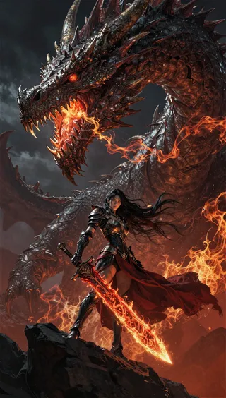 A fierce female warrior clad in dark armor wields a large flaming sword, standing on rocky terrain with a massive, fiery-breathing dragon behind her under a stormy sky.