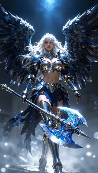 Powerful female angel warrior with long white hair, ornate blue and silver armor, large dark feathered wings, holding a double-edged blue and silver axe, viewed from low angle.
