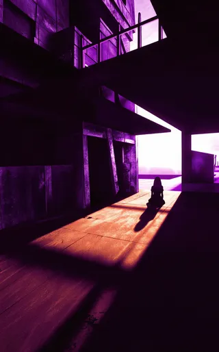 Lonely woman sitting in a brutalist concrete atrium illuminated by a sharp orange ray of sunlight cutting through deep shadows with a high-contrast cinematic style.