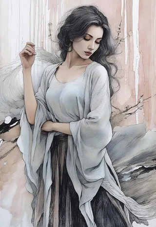 Color ink wash painting of a serene woman with black long hair wearing a flowing, translucent gown, standing with eyes closed surrounded by plum blossoms.