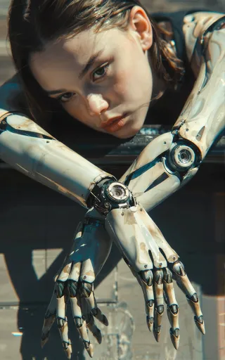 Close-up shot of a cyborg with youthful face and highly detailed prosthetic arms featuring elongated fingers and intricate mechanical joints under cinematic lighting.