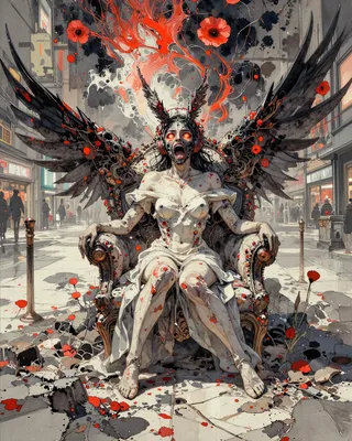 A detailed Art Nouveau illustration of a screaming female soldier with black wings and glowing red eyes, seated in a dark mall amid red poppies and fiery fractal patterns.