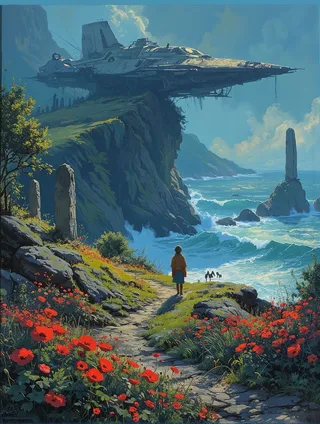 A digital painting of a futuristic dropship perched on a rocky cliff overlooking crashing ocean waves under a clear blue sky, with red poppies in the foreground and mysterious standing stones nearby.