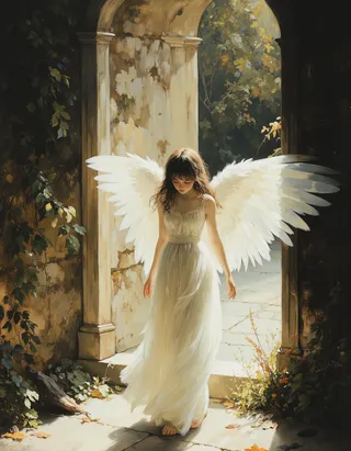 A cheerful pale gothic tween angel with translucent white skin and large feathery white wings stands inside a dimly lit medieval church entrance, bathed in warm sunlight.