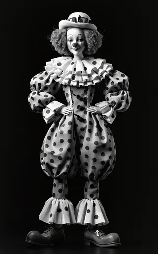 Black and white full body portrait of a female clown dressed in a classic oversized polka-dot suit with ruffled collar, big red nose makeup, curly wig, and large shoes, standing against a dark background with dramatic lighting.