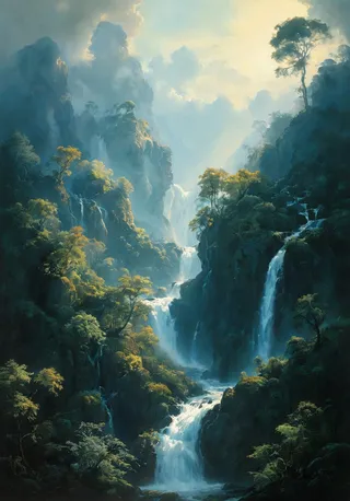 A dreamlike hyperdetailed oil painting of river waterfalls cascading through lush trees and rocky cliffs, rendered in a style blending Boris Vallejo and Albert Bierstadt influences.