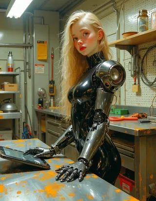 A hyper-realistic digital painting of a blonde android girl with green eyes, wearing a sleek black futuristic suit with metallic robotic arms, standing in a well-lit, industrial maintenance room with tools and diagnostic tablets on a rusted steel workbench.