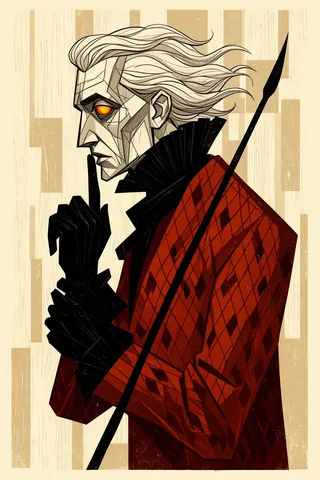 Cubist illustration of a side-profile male figure with flowing white hair, glowing orange eye, black ruff collar, red patterned coat, and black silhouette hands, holding a spear.