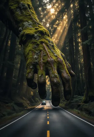 A colossal moss-covered ancient hand with detailed knuckles and veins descends over a narrow forest road with sunlight streaming through tall trees, highlighting a car traveling beneath.