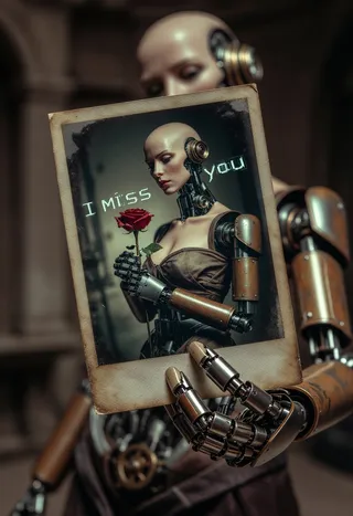 A steampunk cyborg with brass and copper mechanical limbs holds a vintage, eroded photograph showing a faceless mannequin holding a rose, with the words 'I MISS YOU' in futuristic text.