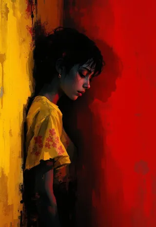 A cinematic impressionist painting featuring a melancholic young woman in yellow against a yellow and red high contrast background, with intense shadows and bold outlines.