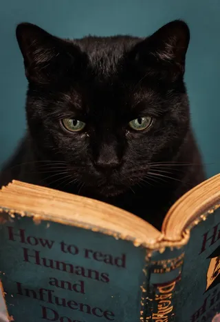Close-up portrait of a black cat with piercing green eyes intently reading a vintage book titled 'How to read Humans and Influence Dogs' against a teal background.