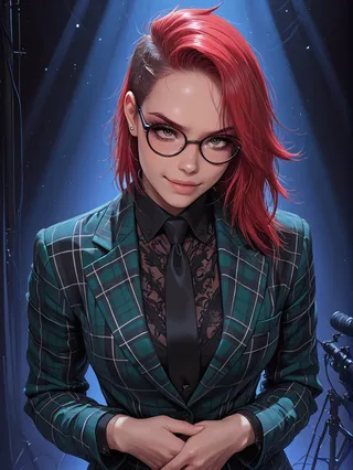 Woman with red hair wearing black rimmed glasses and a green plaid suit with a black tie, posing confidently with professional studio lighting.