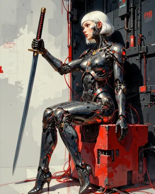 Ultra-detailed cyberpunk female android seated holding a katana with biomechanical limbs and platinum bob haircut in an industrial setting.