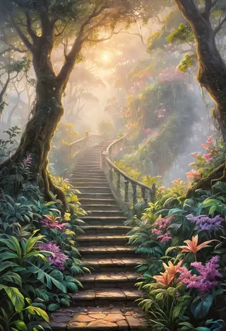 A beautiful neverending stone staircase winding up through lush jungle trees surrounded by colorful flowers and soft pastel fog at sunrise with glowing ambient lighting.