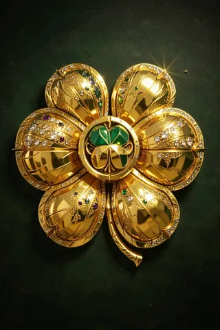 Intricately designed gold clover brooch encrusted with diamonds and colorful gemstones on a dark background