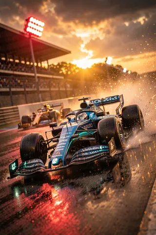 Neon-blue Formula 1 racing car overtaking another on a rain-soaked track at golden hour, with tire spray and sparks reflecting vibrant neon-noir lighting.