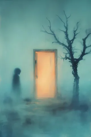 Surrealist glowing doorway emitting warm orange light in a desolate blue foggy landscape with a leafless tree and a dark silhouette figure nearby