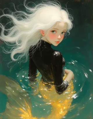 A delicate mermaid with flowing white hair and large green eyes wearing a black long sleeve wetsuit top, her shimmering gold tail glowing beneath the water.