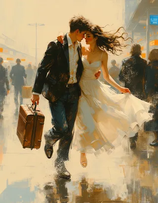 A romantic couple embracing and spinning gently in an airport setting, depicted in a whimsical, soft digital painting style inspired by Rembrandt with intricate details and warm tones.