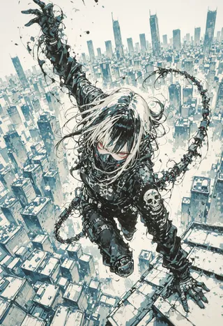 Dynamic black and white watercolor style illustration of a female warrior climbing a rooftop over a sprawling city with skyscrapers in the background.