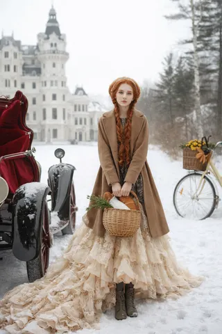 Full-body portrait of a pale red-haired woman with long twin braids, wearing a camel coat over a voluminous ivory lace gown, holding a wicker basket with bread and pine, standing in fresh snow before a misty white castle, vintage black car with red velvet seat on left, cream bicycle with flowers on right.