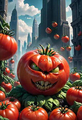 Menacing giant tomato with sharp teeth surrounded by other large tomatoes attacking a city with tall skyscrapers under a bright, cloudy sky.
