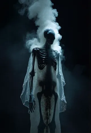 A haunting skeleton silhouette stands in a foggy cemetery at night, illuminated by dramatic cinematic lighting creating an eerie atmosphere.