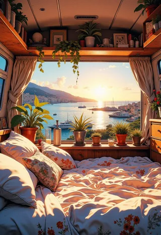 A photorealistic cozy campervan interior featuring a comfortable bed with floral bedding, multiple indoor plants, and a large window showing a breathtaking sunset over the Côte d’Azur with the Cannes cityscape and boats on the ocean.