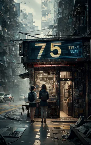 A cyberpunk city street featuring dense vertical buildings with cracked glass facades and glowing blue signage, showing two individuals with backpacks standing backlit in front of a brightly lit storefront numbered 75, under an overcast sky.