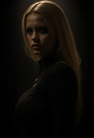 Portrait of a gothic woman with long blonde hair, wearing black clothes, illuminated by dim volumetric lighting against a dark background.