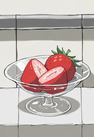 A glass bowl on a tiled kitchen counter holding whole and halved strawberries, depicted in colored line art with anime flat colors and minimal shading.