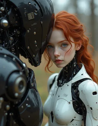 Portrait of a cyborg girl with red hair, blue eyes, and translucent skin standing close to a black mech robot, showing detailed mechanical parts.